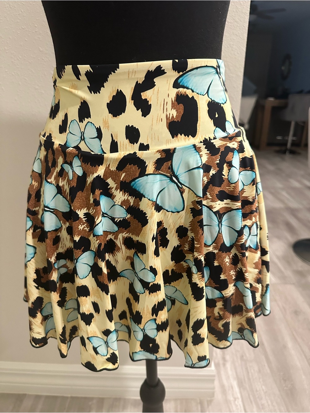 Butterfly & Leopard Print Circle Skirt in Blue and Tan